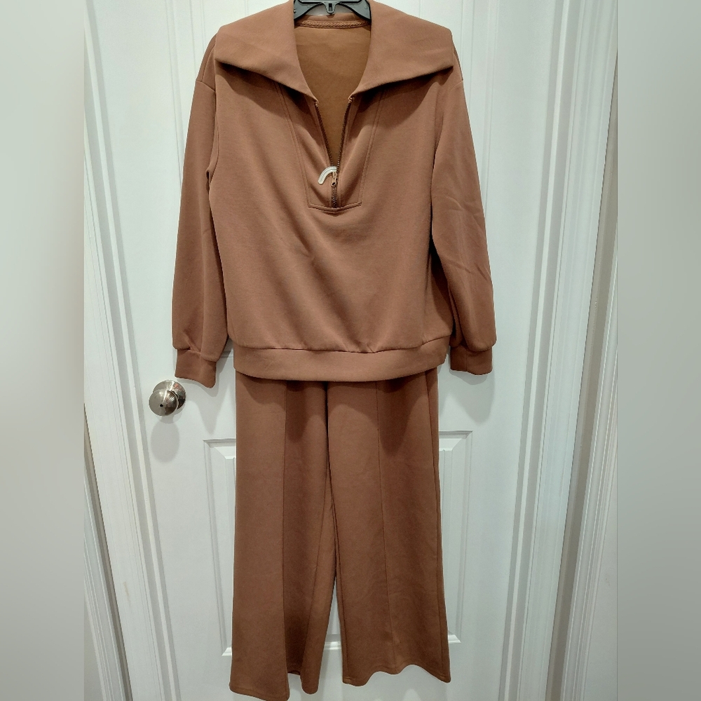 Elegant Brown Women's 2 Piece Sweat Suit Widelegs Wide Collar #0558